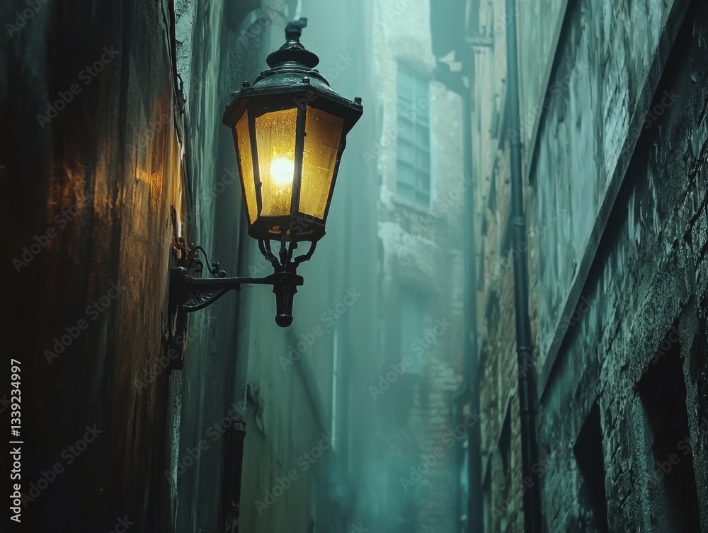 Illuminated lantern in a foggy alleyway evokes a sense of mystery. The textured walls add to the charm of the scene in a quiet street. Illuminated lantern in a foggy alleyway evokes a sense of mystery. The textured walls add to the charm of the scene in a quiet street.