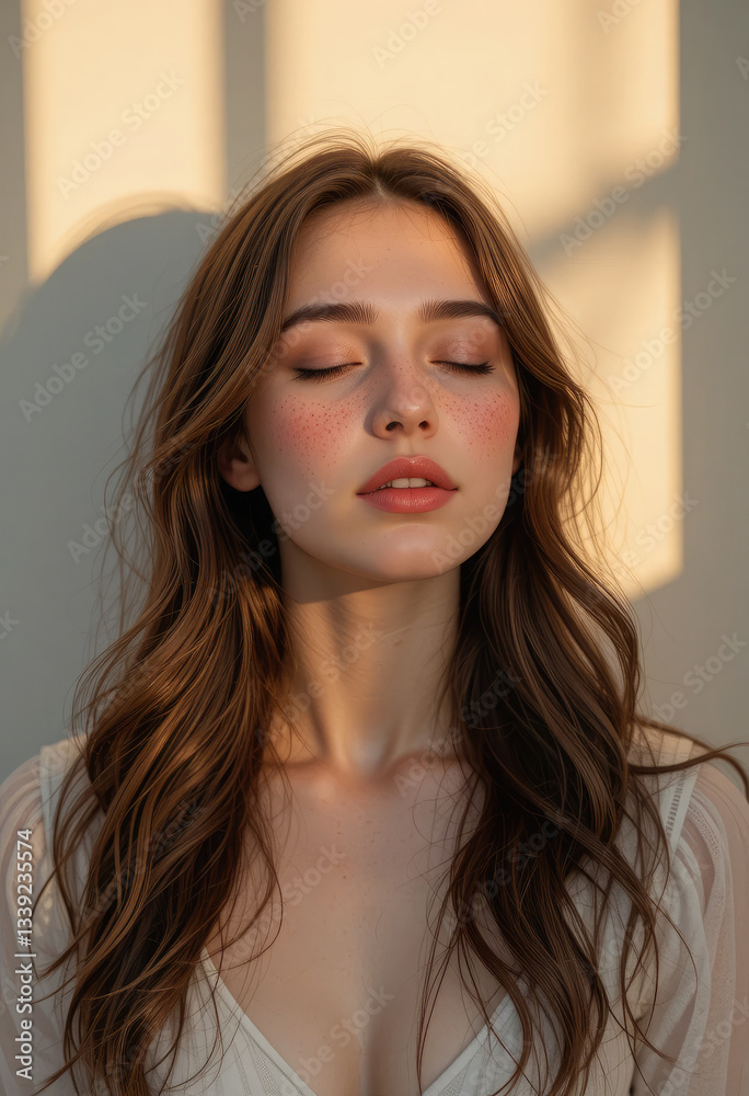 Closed Eyes Portrait of a Young Beautiful Woman with Glowing Skin in Warm Sunlight. Closeup of Sun Kisses Photography. Closed Eyes Portrait of a Young Beautiful Woman with Glowing Skin in Warm Sunlight. Closeup of Sun Kisses Photography.