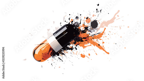 Close-up view of an abstract illustration depicting a pill or capsule seemingly disintegrating or exploding. The capsule is rendered with a dark interior and a light gray band.  Orange and black