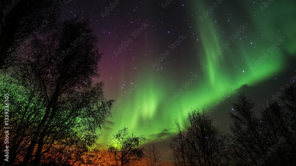 Fototapeta premium The night sky ablaze with green and violet aurora