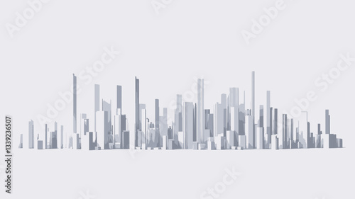 The image depicts a horizontal arrangement of varying height, vertically oriented, rectangular shapes in grayscale.  The shapes are closely grouped together, suggesting a cityscape skyline.  The