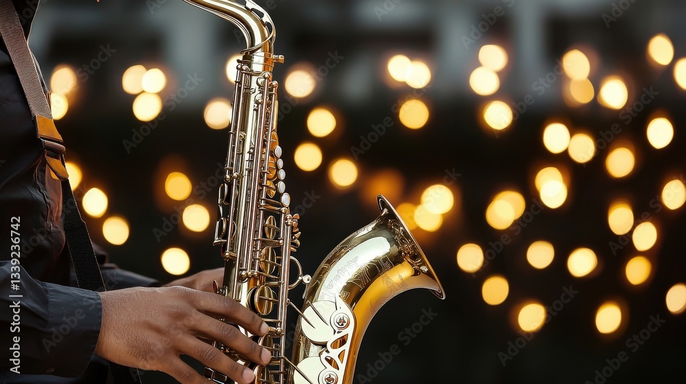 Obraz premium Jazz Musician Playing Saxophone with Blurred Lights Background