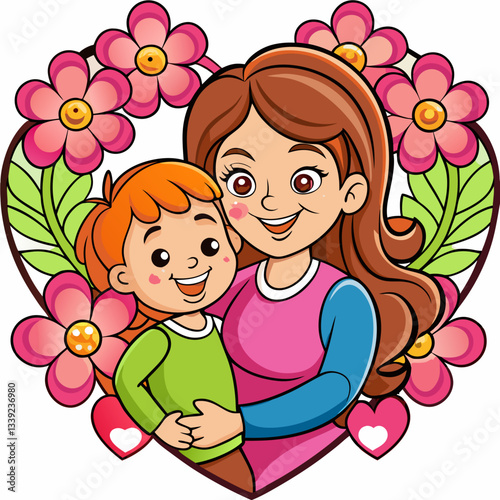 Heartfelt Embrace: A loving mother tenderly embraces her child within a heart-shaped floral frame, radiating warmth, love, and the timeless bond of family. 