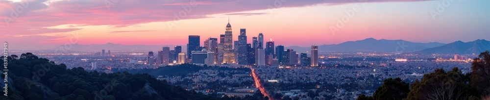 Fototapeta premium Panoramic view of Los Angeles skyline, day time, city, urban, bright