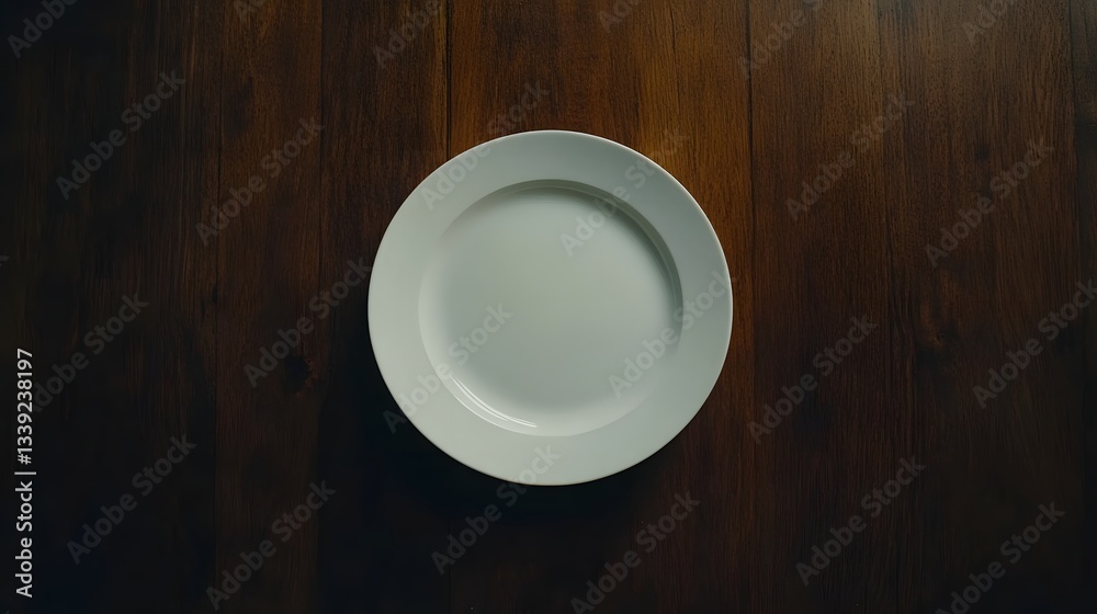 A single white plate sits on a dark wooden table A single white plate sits on a dark wooden table