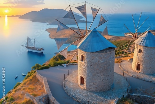 A beautiful view of two windmills and a boat on a calm sea. The windmills are tall and the boat is white. The scene is peaceful and serene