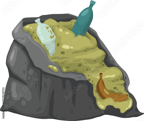 City trash bag. Rotting garbage in waste bag or street dustbins, full can bin pile rubbish accumulation dumpster overflow dump dirty food, cartoon trashcan neat vector illustration of waste garbage