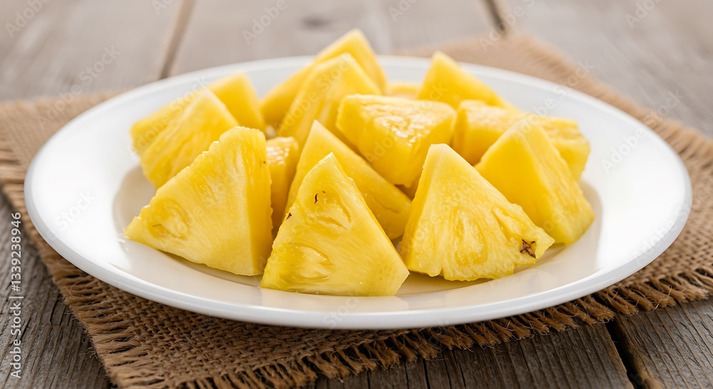 A plate filled with pineapple chunks on a burlap mat and wooden table creating a bright and healthy snack A plate filled with pineapple chunks on a burlap mat and wooden table creating a bright and healthy snack