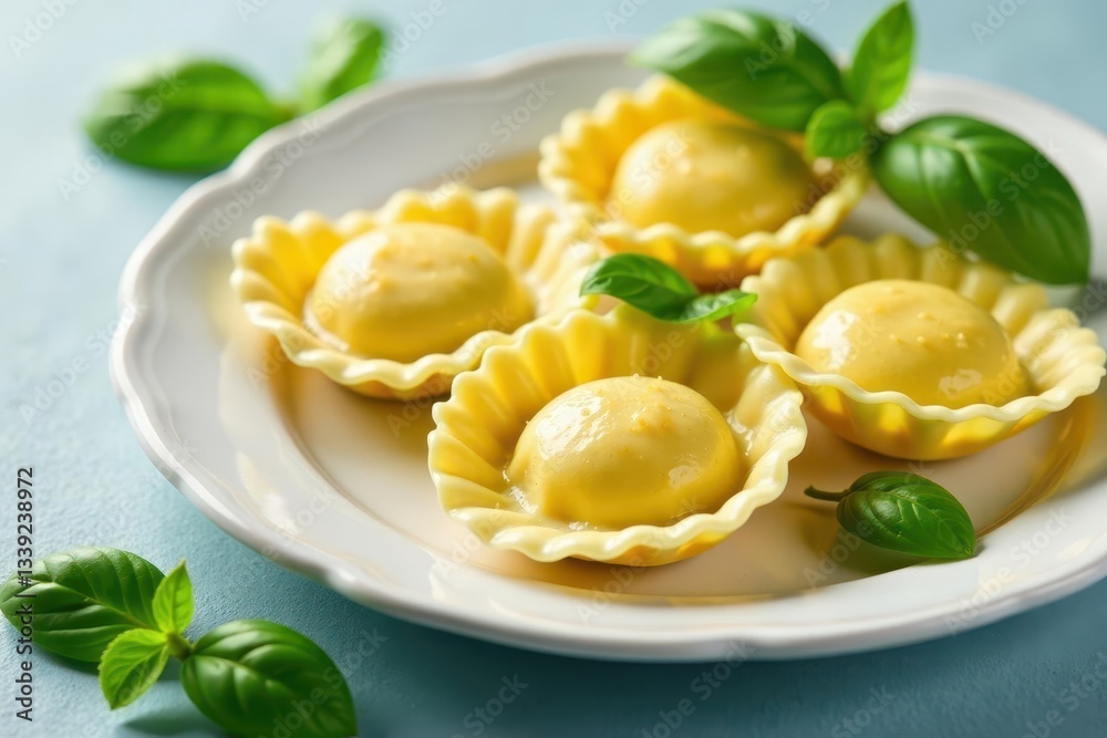 Uncooked ravioli nests with fresh basil leaves , food photography, still life, preparation Uncooked ravioli nests with fresh basil leaves , food photography, still life, preparation