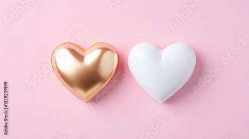 Two decorative hearts, one gold and one white, on soft pink background, symbolizing love and unity, perfect for romantic themes.