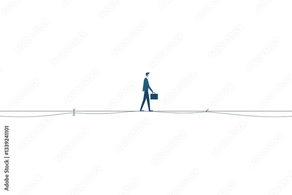Fototapeta premium Man Walking with Briefcase on Tightrope Minimalistic Business Concept