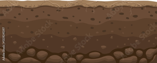 Seamless soil layer. Layered dirt clay, ground layer with stones and grass on dirts cliff texture, underground buried rock, archeology landscape cartoon vector pattern isolated icon for your design