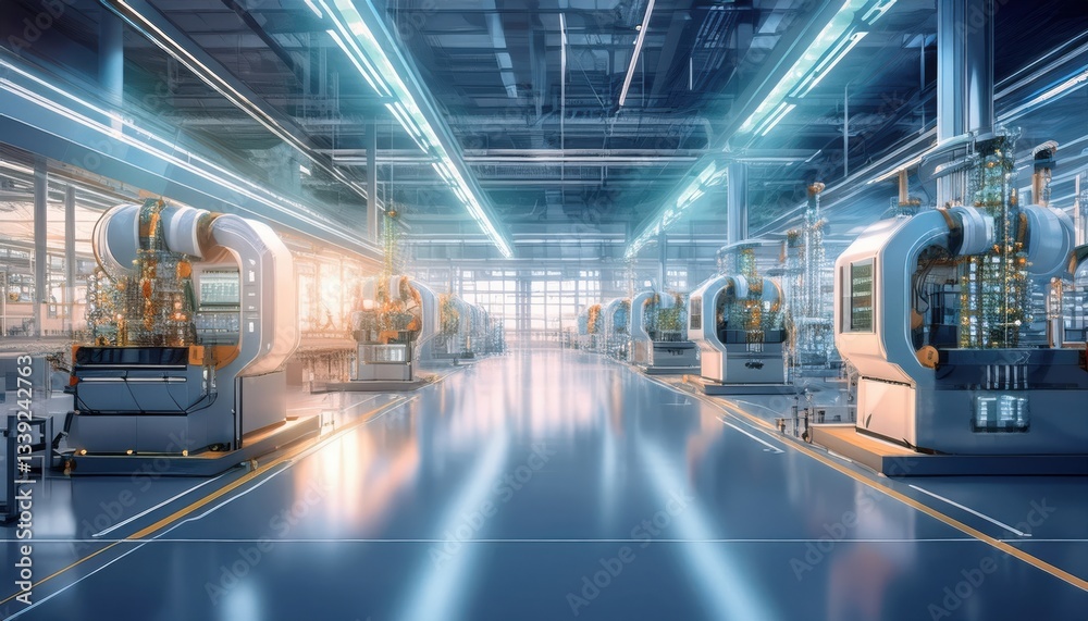 Fototapeta premium Advanced production equipment shines under bright lights in a space dedicated to manufacturing.