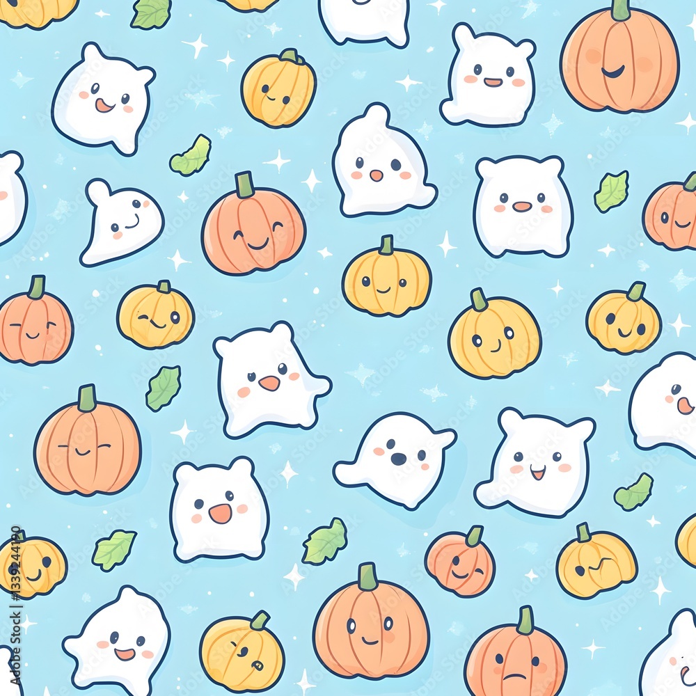 Obraz premium Cute Cartoon Pumpkins and Ghosts Seamless Pattern on Light Blue Background