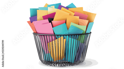 A high-angle, close-up studio shot depicts a dark gray wire basket overflowing with numerous brightly colored pieces of paper, including sticky notes and folded papers in various shades of pink,