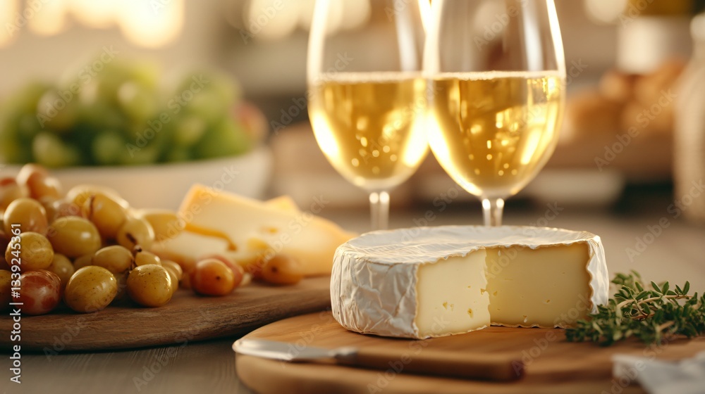 Elegant dining scene with golden wine glasses, creamy cheese, and gourmet snacks, perfect for social gatherings and celebration. Elegant dining scene with golden wine glasses, creamy cheese, and gourmet snacks, perfect for social gatherings and celebration.