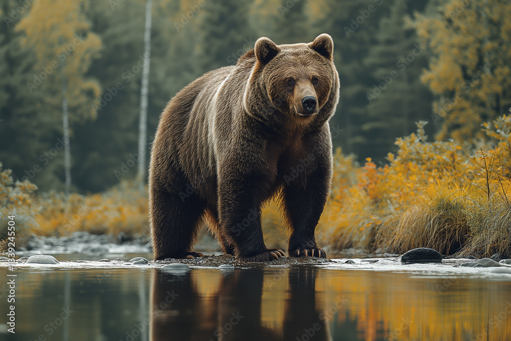 Fototapeta premium A mighty brown bear standing proudly by a river in the wild taiga, its powerful form towering against the backdrop of lush, untamed nature. 
