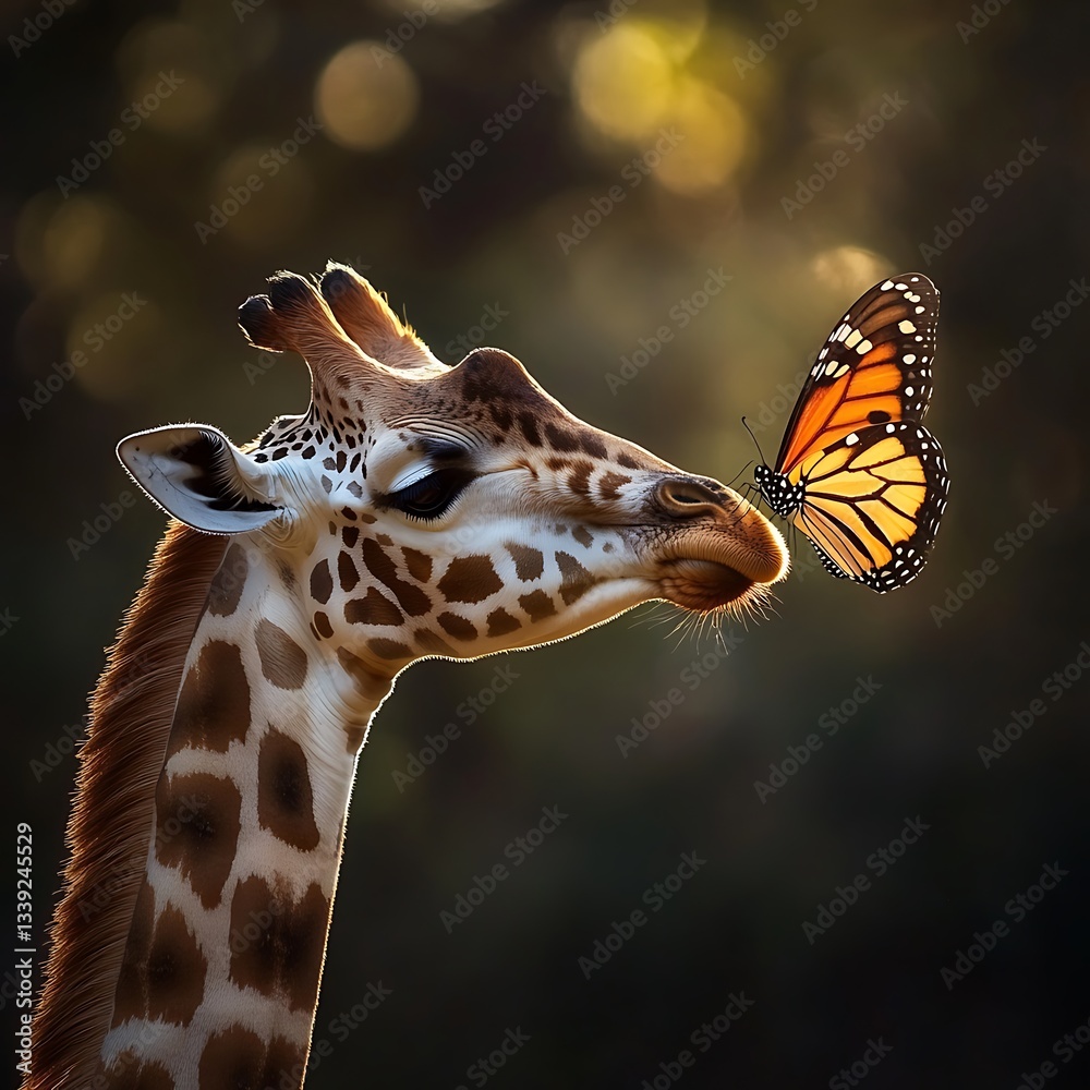 Fototapeta premium Serene giraffe gazing at a butterfly in glowing sunlight