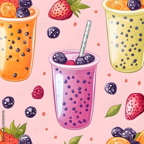 Pixel Art Fruit Bubble Tea Drinks Seamless Pattern on Pink Background