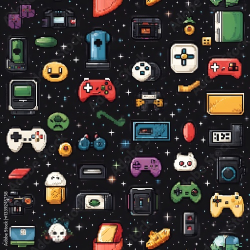 Retro Video Game Pixel Art Seamless Pattern Space Background