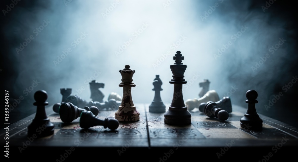 Dramatic chessboard scene with fallen pieces and smoke Dramatic chessboard scene with fallen pieces and smoke