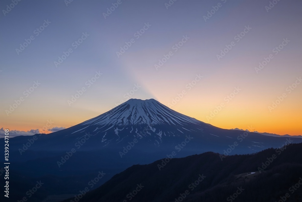 Majestic Mount Fuji at Sunset: A Serene Landscape with Vibrant Sky and Snow-Capped Peaks Majestic Mount Fuji at Sunset: A Serene Landscape with Vibrant Sky and Snow-Capped Peaks