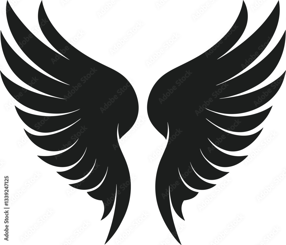 Fototapeta premium Black Angel Wings Silhouette – Elegant Vector Feathered Design