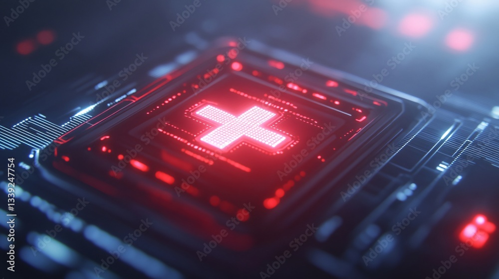 Obraz premium Futuristic tech close-up, glowing red circuit board with intricate patterns, highlighting innovation and digital advancements.