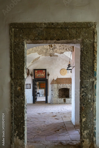 Interior of medieval castle Saint Miklosh in Chynadiyevo, Ukraine photo