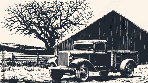 Vector illustration of a vintage pickup truck parked beside an old wooden barn with a bare tree in winter landscape. Black and white rustic rural farm scene with nostalgic feel.