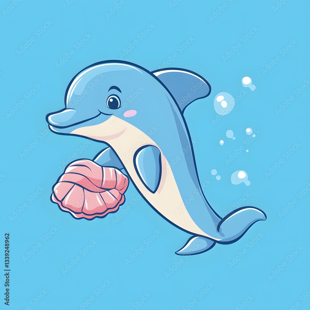 Naklejka premium Playful Cartoon Dolphin with Pink Seashell in Light Blue Water