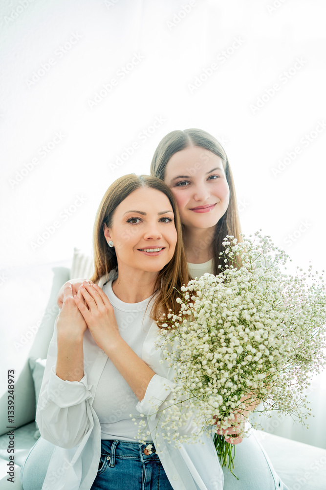 Teenage daughter congratulate their young mother on Mother's Day. Teenage daughter congratulate their young mother on Mother's Day.