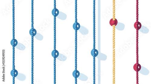The image shows a repeating pattern of vertical lines formed by ropes with evenly spaced spherical knots.  The ropes are primarily blue, with one yellow rope and another with red knots. The knots