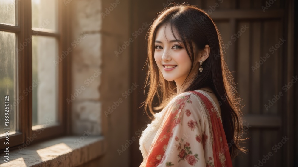 Smiling Asian Woman in Floral Dress by Window, Warm Light, Serene Beauty, Fashion Portrait Smiling Asian Woman in Floral Dress by Window, Warm Light, Serene Beauty, Fashion Portrait