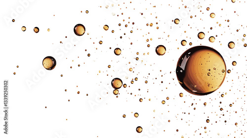 A close-up macro shot depicts numerous translucent amber-colored oil droplets of varying sizes scattered against a pure white background. The droplets exhibit a glossy sheen and subtle reflections,