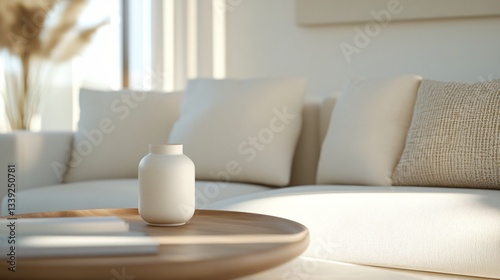 Cozy living room setting, warm sunlight illuminating neutral cushions and minimalist decor, inviting and serene ambiance perfect for relaxation.