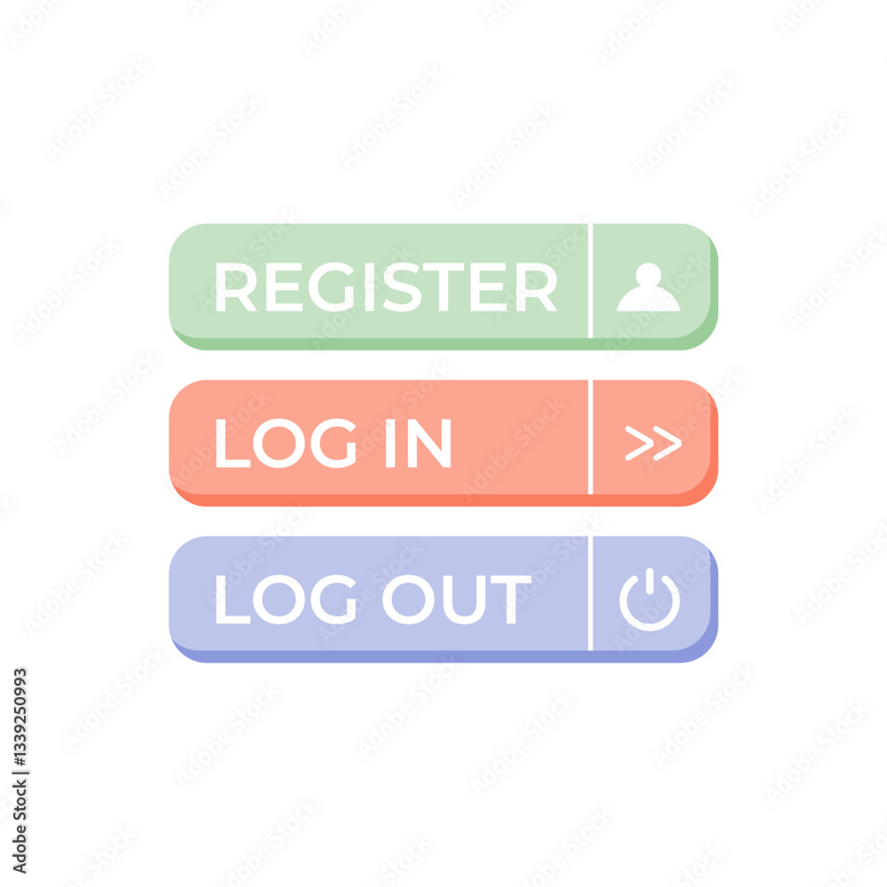 Register, Log in, and Log out button. Cute pastel colors flat design