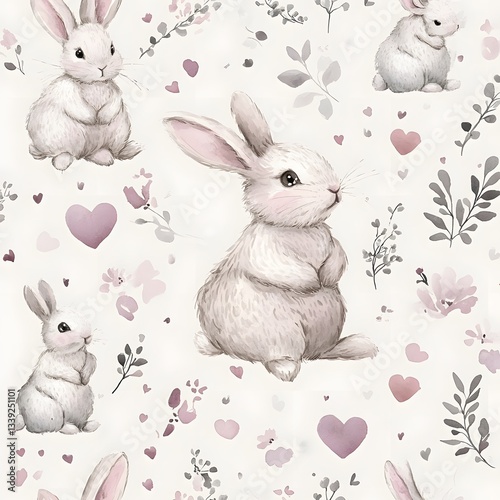 Cute Watercolor Rabbits Seamless Pattern with Hearts and Flowers