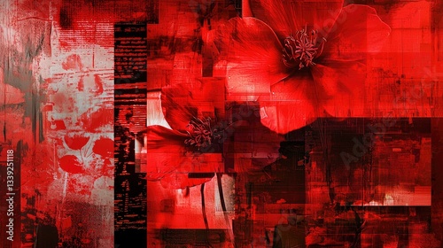 a collage of images and textures in red.