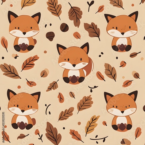 Cute Orange Foxes and Autumn Leaves Seamless Pattern