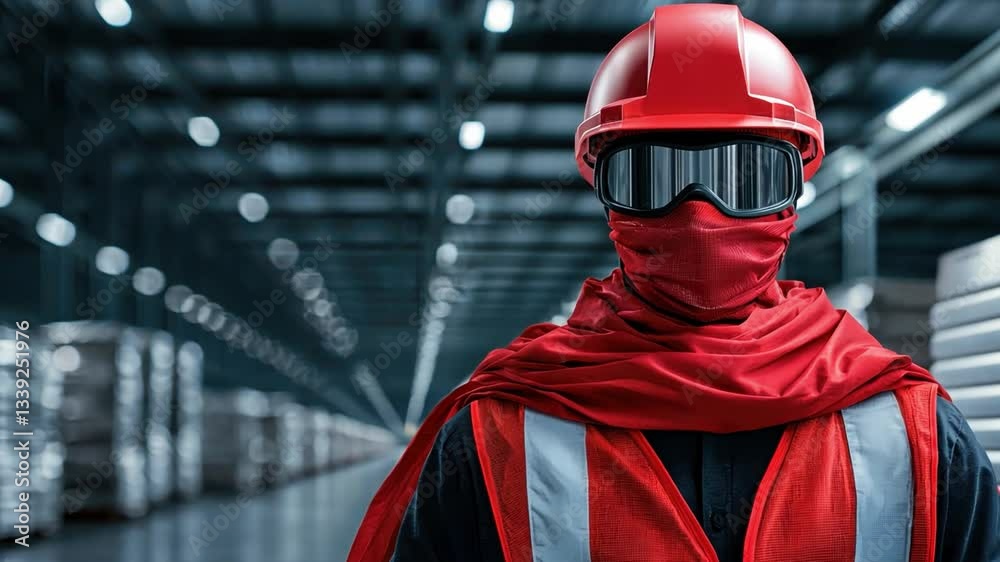 Worker in Red Hard Hat and Safety Gear in Industrial Warehouse with Pallets and Shelves in Background, Highlighting Safety and Teamwork in Construction Environment