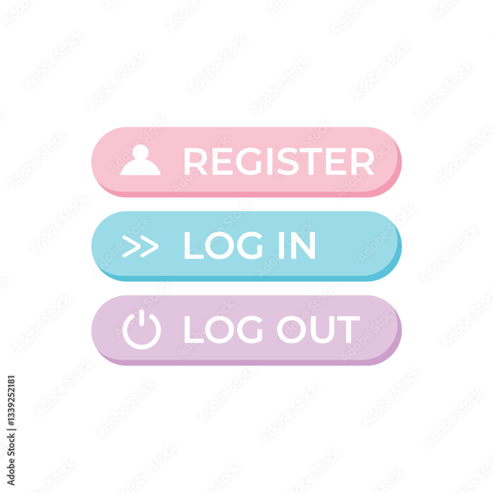 Register, Log in, and Log out button. Pastel colors flat design