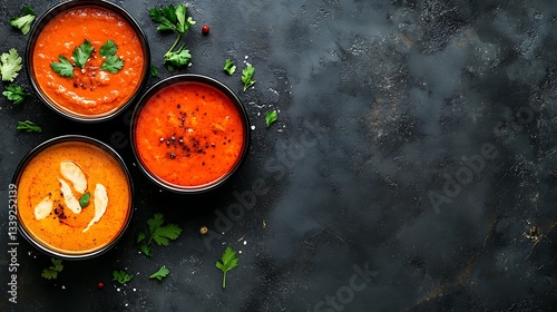 Three bowls of vibrant red soup with garnish on dark background.
