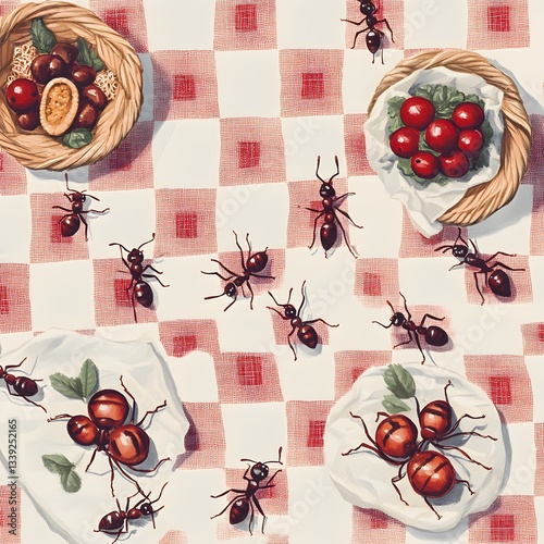 Ants on a Red and White Checkered Picnic Blanket with Fruit and Nuts