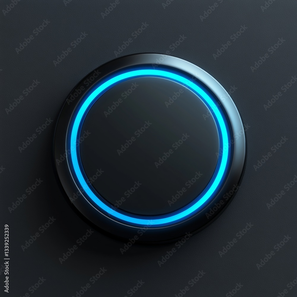Button illustration shows a round black object with a glowing blue ring on a textured dark gray surface Button illustration shows a round black object with a glowing blue ring on a textured dark gray surface