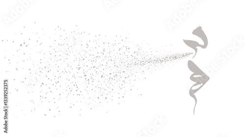 Close-up profile view of a stylized human face, rendered in shades of gray and white. The figure appears to be exhaling or releasing a cloud of fine, dispersed particles that streams away from the