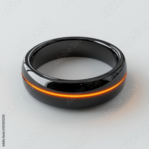 Ring detail, black jewelry with an orange stripe sits on a solid surface in a studio shot