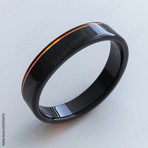 Ring jewelry: Black band with orange stripe laying on a solid light gray background shows minimalist, modern style