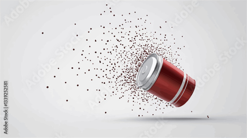 A 3D rendering depicts a red cylindrical can with silver accents seemingly disintegrating into small, dark particles against a light grey background.  The can is positioned at a slight angle, and
