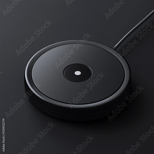 Wireless charger: Black circular charging pad with power cable sits on a dark surface in a studio photography style